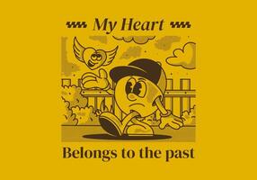 My heart belong to the past. Character illustration of a ball head and flying heart vector