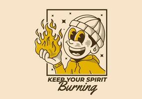 Keep your spirit burning. Vintage illustration of a beanie guy holding a fire vector