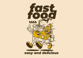 Fast food, easy and delicious. Character illustration of running pizza and soft drink vector