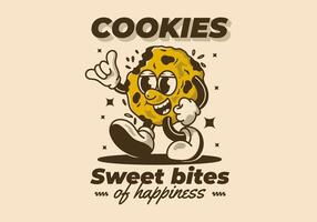 Sweet bites of happiness. Mascot character of a walking cookies in retro style vector