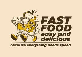 Fast food, easy and delicious. Character illustration of running pizza and soft drink vector