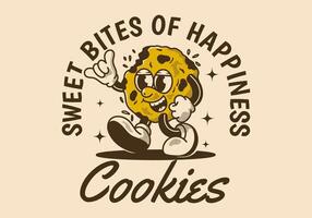 Sweet bites of happiness. Mascot character of a walking cookies in retro style vector