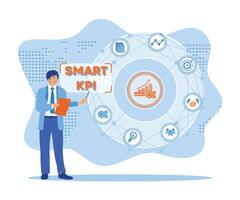 Entrepreneur accessing SMART KPI business technology on a virtual screen. KPI concept. flat vector modern illustration