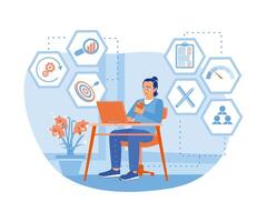 Business people work using laptops and cell phones with benchmarking icons on the screen. Benchmarking concept. flat vector modern illustration