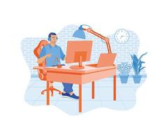 Male programmer working while listening to music. Developing software using computers and laptops. Software developers concept. flat vector modern illustration