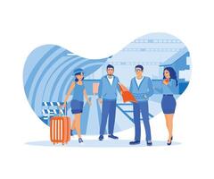 Diverse young tourists use maps and gather on the train station platform. Take a tourist trip by train. Tourist Guide concept. Trend Modern vector flat illustration