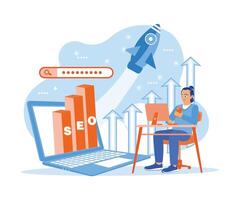 Man using computer, laptop, and mobile phone to promote ranking traffic on website. Optimizing websites to rank in SEO search engines. SEO concept. Trend Modern vector flat illustration