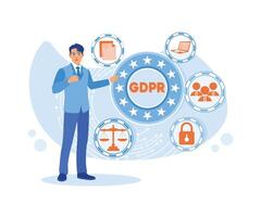 un hombre soportes y toques gdpr aprobación en un toque pantalla. general reglas para datos proteccion gdpr. plano vector moderno ilustración