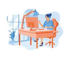 Young woman wearing headset working from home. Developing software using computers. Software developers concept. flat vector modern illustration