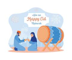 hombre y mujer sentado en el piso. sacudir manos y perdonar cada otro. contento eid Mubarak concepto. plano vector moderno ilustración