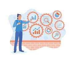 The male manager is touching gears connected to KPI financial charts and graphs. Business analysis concept. Flat vector illustration.