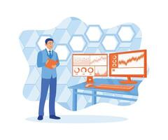 Businessman working at head office. Reviewing cryptocurrency trading documents using a computer. Stock Trading concept. Flat vector illustration.