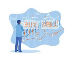 Businessman standing in front of virtual screen. Analyze trading charts with sell or buy options. Stock Trading concept. Flat vector illustration.