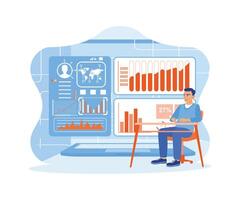 Man sitting in front of a laptop computer. Examine sales reports, profit charts, and stock market analysis on the screen.  trend flat vector modern illustration