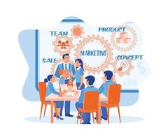 un diverso negocio equipo crea y discute márketing planes durante reuniones márketing íconos son escrito en el tablero. márketing concepto. plano vector ilustración.