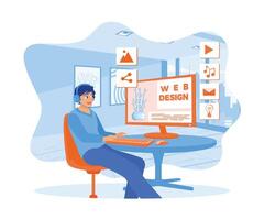 Man working assembling web page. The web design studio concept is on screen. Web design concept. Flat vector illustration.