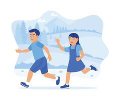 Boys and girls run around the field. Playing around during school holidays. Childrens concept. flat vector modern illustration