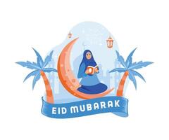 musulmán mujer sentado en el creciente Luna. estudiar y leer el Corán. contento eid Mubarak concepto. plano vector moderno ilustración