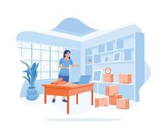 Small SME entrepreneurs work from home. I am using a laptop to check customer addresses before sending goods. Order Confirmation concept. Flat vector illustration.