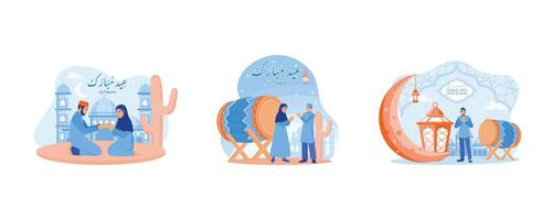 Muslim men and women sitting cross legged on the floor. Reach out to each other to apologize and wish you a happy Eid. Happy Ramadan. Happy Eid Mubarak concept. Set flat vector illustration.