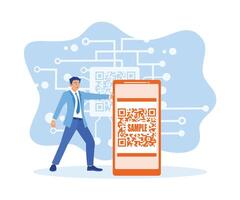 el hombre es utilizando un teléfono inteligente con un qr código escáner para en línea pago. sin efectivo tecnología concepto. digital negocio concepto. plano vector ilustración.