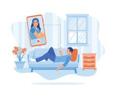 A man lying on the sofa in the living room finds a profile of a beautiful girl. Social media dating app. Online Dating concept. Flat vector illustration.