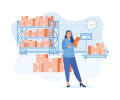 The businesswoman is checking merchandise in the warehouse. Small business owners check orders and customer addresses with mobile phones. Order Confirmation concept. Flat vector illustration.