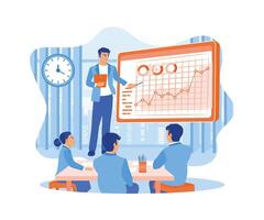 CEO businessman displays product sales graphic data on a projector screen. Discuss revenue growth strategies. Business analysis concept. Flat vector illustration.