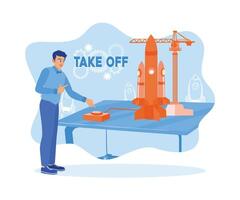 Man launching a rocket ship. The concept for increasing new business. Successful career take of concept. Flat vector illustration.