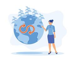 A woman's hand points to a globe with tree plants. Sustainable economic growth with renewable energy and natural resources concept. Flat vector illustration.