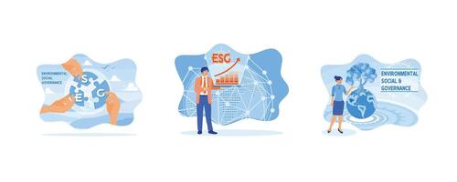 Hand of people holding a piece of jigsaw puzzle with the word ESG. Businessman pressing button on screen.  Ecology and nature protection concept. Set flat vector modern illustration