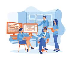 IT expert discusses with several colleagues in the office. Flat vector illustration.