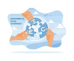 Hand connecting puzzle with the word ESG. Collaborative involvement in solving environmental and social problems. The concept of ESG icon. flat vector modern illustration