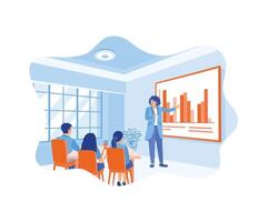 The female manager is holding a presentation with the business team. Analyzing financial charts on the projector screen. Business analysis concept. Flat vector illustration.