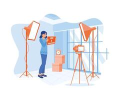 joven mujer grabación vídeo utilizando profesional cámara equipo. vloggers pedir en línea espectadores a me gusta y suscribir a su canales contenido creador concepto. plano vector ilustración.