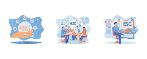 esg concepto en el mano para ambiental. esg ambiental social gobernancia política para sumamente elegante negocio. empresario utilizando un computadora para análisis esg ambiental social gobernancia. vector