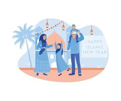 contento musulmán familia celebrando el islámico nuevo año. decoraciones de banderas y linternas son alrededor el mezquita. Ramadán kareem concepto. plano vector ilustración.