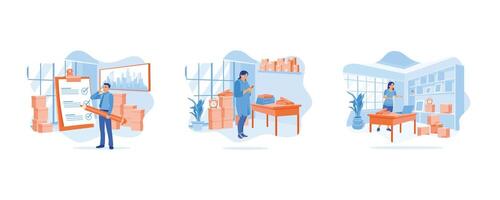 Order Confirmation concept. The businesswoman has an online business and works from home. I am using a laptop to check customer addresses before sending goods. set flat vector modern illustration
