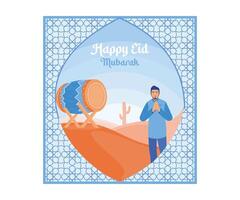 Happy Muslim man welcoming Eid al Fitr. Happy Eid al Fitr. Happy Eid Mubarak concept. flat vector modern illustration