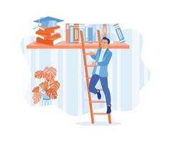 A man tries to climb a ladder to get a book on a bookshelf. Educational process to achieve success. Education concept. flat vector modern illustration