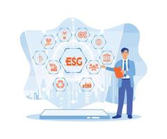 empresario accediendo esg conceptos en virtual pantalla. el esg ambiente social gobernancia inversión negocio concepto es en pantalla. vector