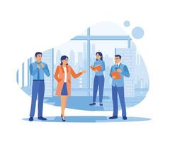 Four diverse company staff listen to the company leader's briefing. Planned work, solved company problems, and discussed work projects. Briefings concept. Trend Modern vector flat illustration