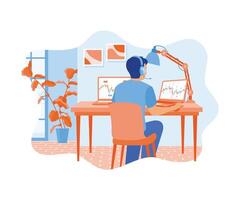 The man is using a headset in the home office. Reviewing cryptocurrency trading documents on the computer. Stock Trading concept. Flat vector illustration.