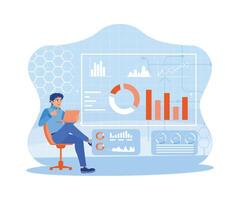 Young businessman using a laptop to analyze financial charts and plan business marketing. Start up Programming Team. Big Data Technology for Business Finance Analysis Concept. vector