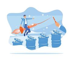 A businessman flying using a rocket on a pile of coins. Rocket is launching the boost concept. flat vector modern illustration