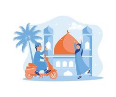 Niños paseo scooters y jugar con fuegos artificiales. contento chicas, Bienvenido Ramadán. Ramadán kareem y Ramadán Mubarak saludo diseño concepto. plano vector moderno ilustración