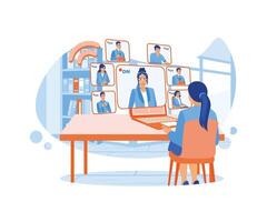 The female worker is holding a Webcam group conference with colleagues on a modern laptop at home. Agency worker meeting a client. flat vector modern illustration