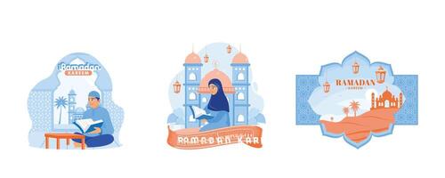 Muslim man and woman reading the Quran in the mosque. Mosque with a stretch of sand and date palm trees. Ramadan Kareem  concept. Set flat vector illustration.