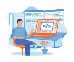 A male designer is developing programming and coding technology on laptop screens. A man works in a software development company. Software developers concept. Flat vector illustration.