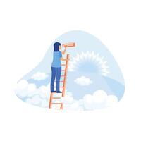 un mujer en pie en escalera mirando dentro el distancia utilizando un telescopio con amanecer en el antecedentes. carrera desarrollo concepto. tendencia plano vector moderno ilustración